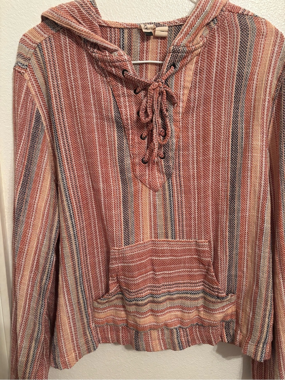 Roxy Striped Hooded Baja Pullover in Rust & Neutrals M